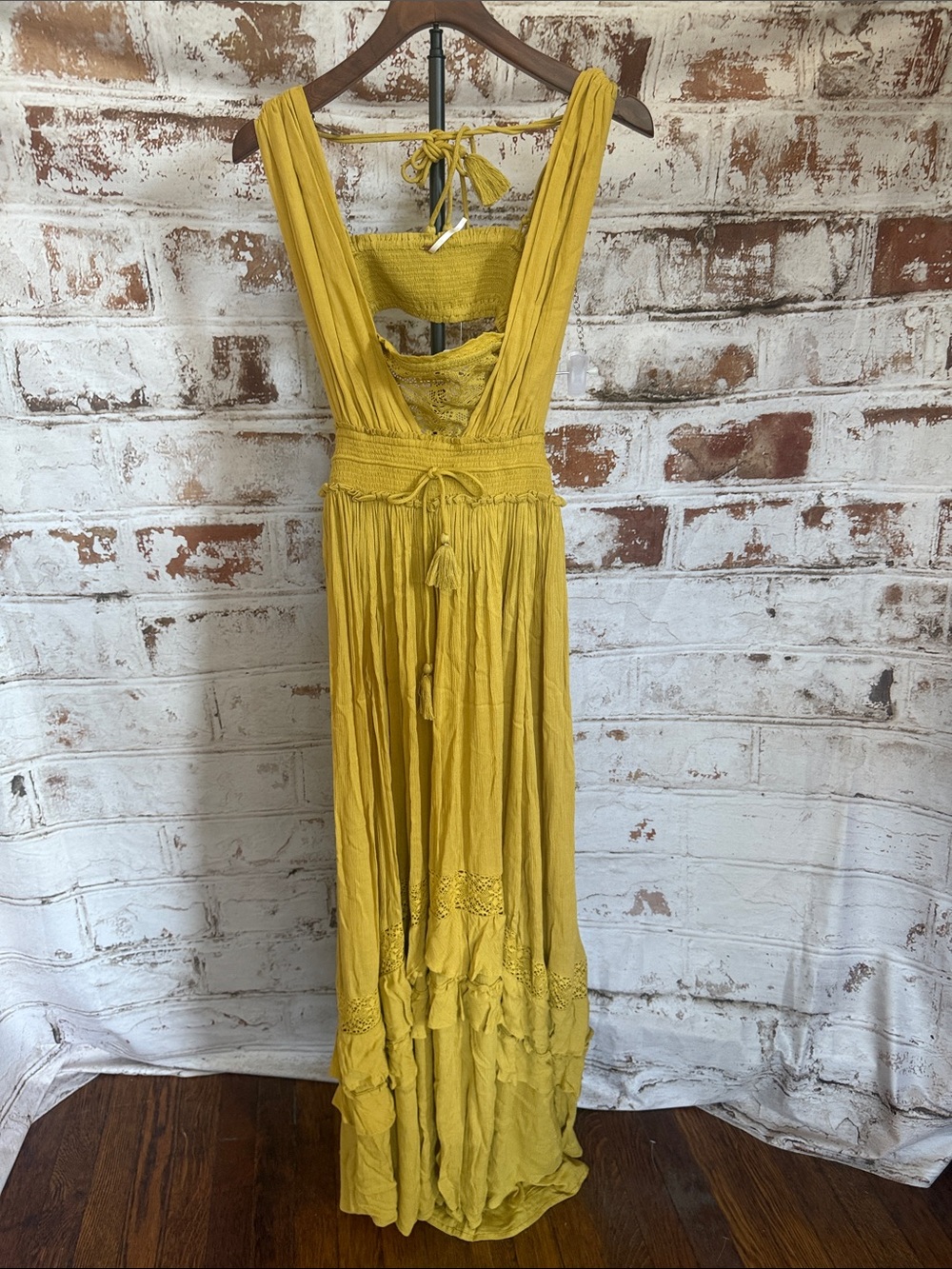 Free People Mustard Yellow Boho Maxi Dress with Smocked Waist